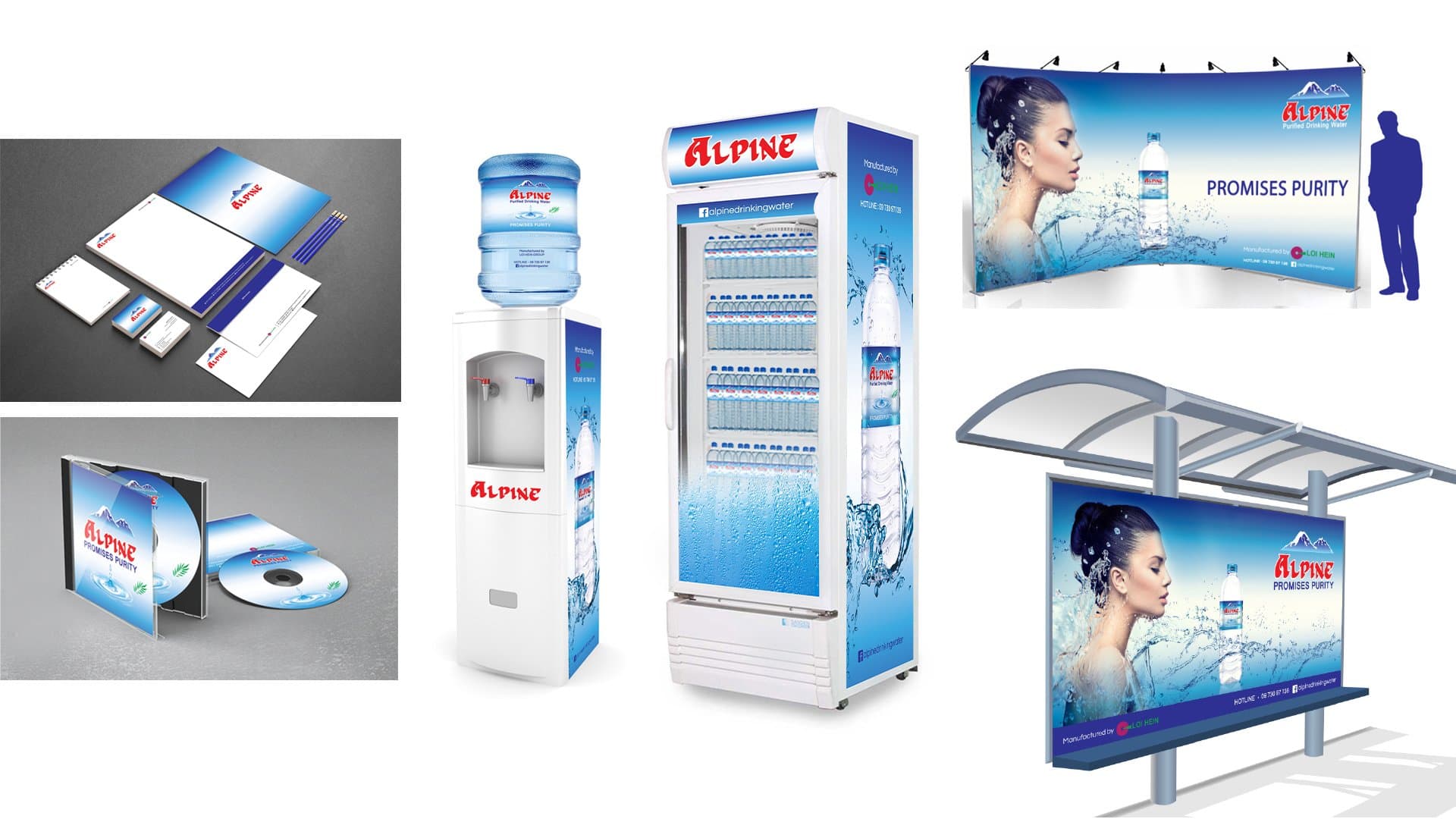 Brand roll-out — stationery suite, exhibition wall, branded fridge, water dispenser and bus-shelter advertising