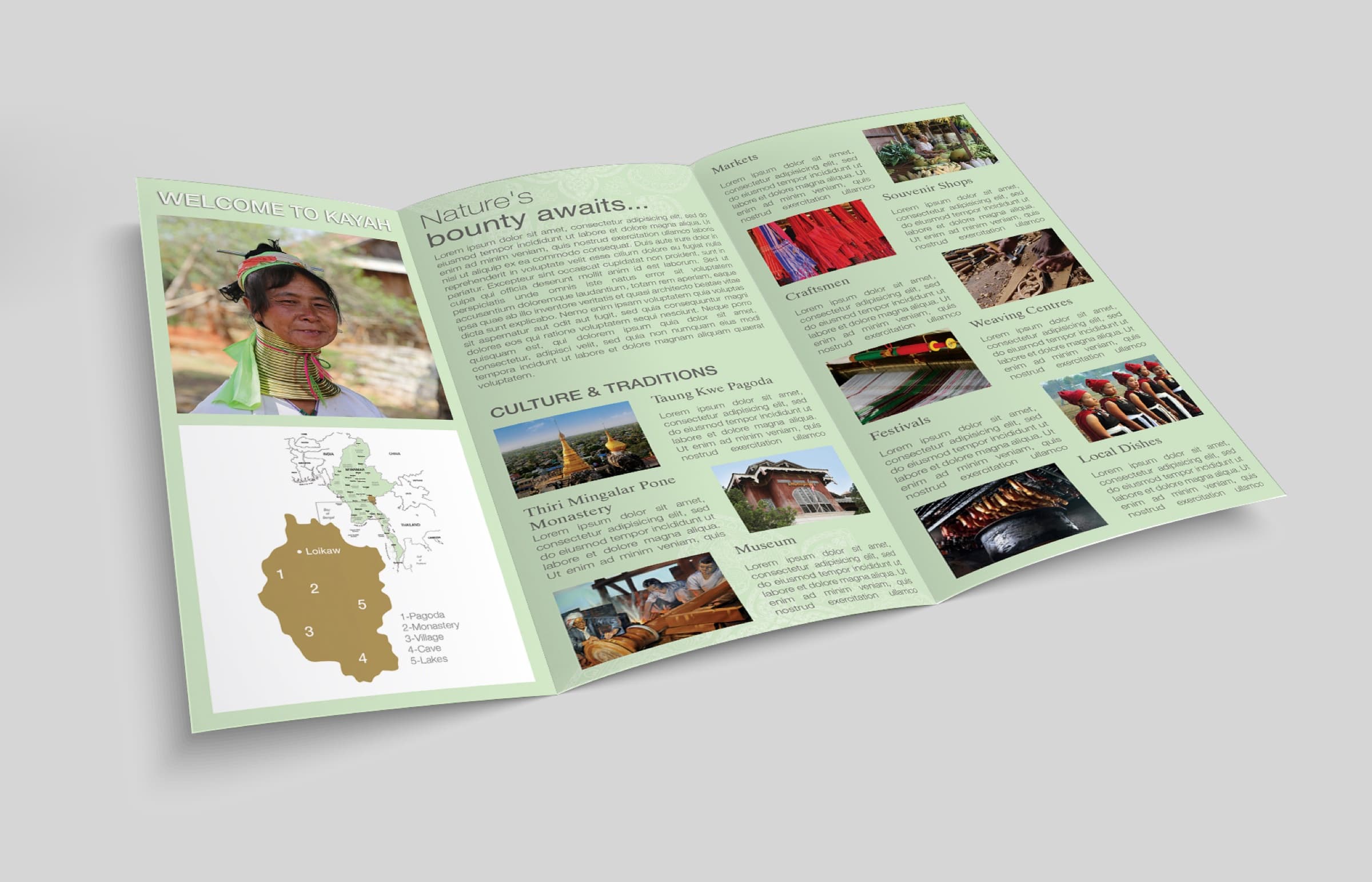 Welcome to Kayah — tri-fold visitor brochure, design draft