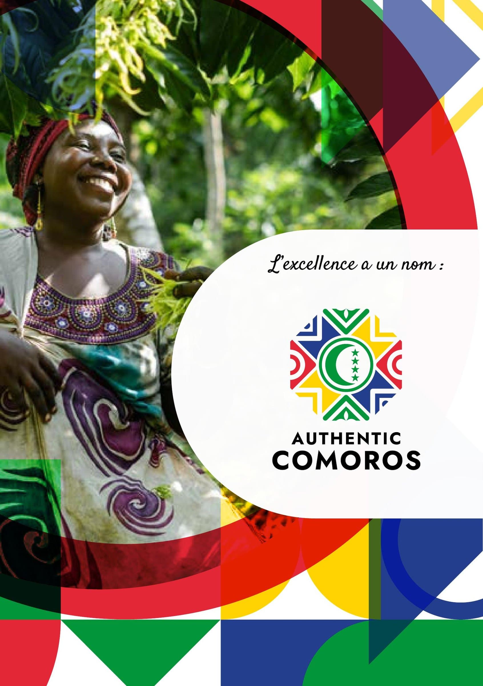 Brochure cover — the mark over portraits of Comorian producers
