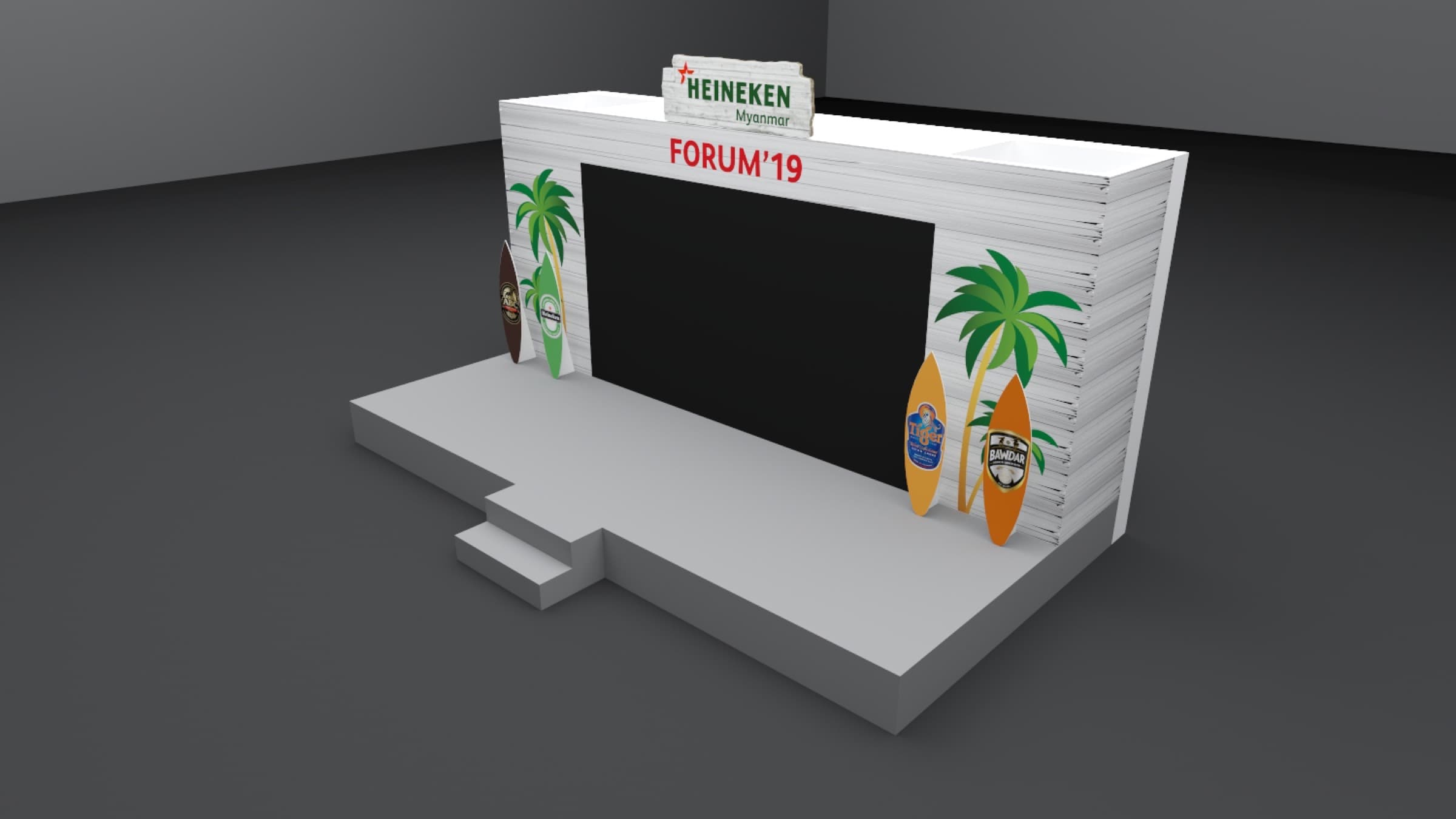 Heineken Forum '19 — surf-themed stage, 3D pre-visualisation