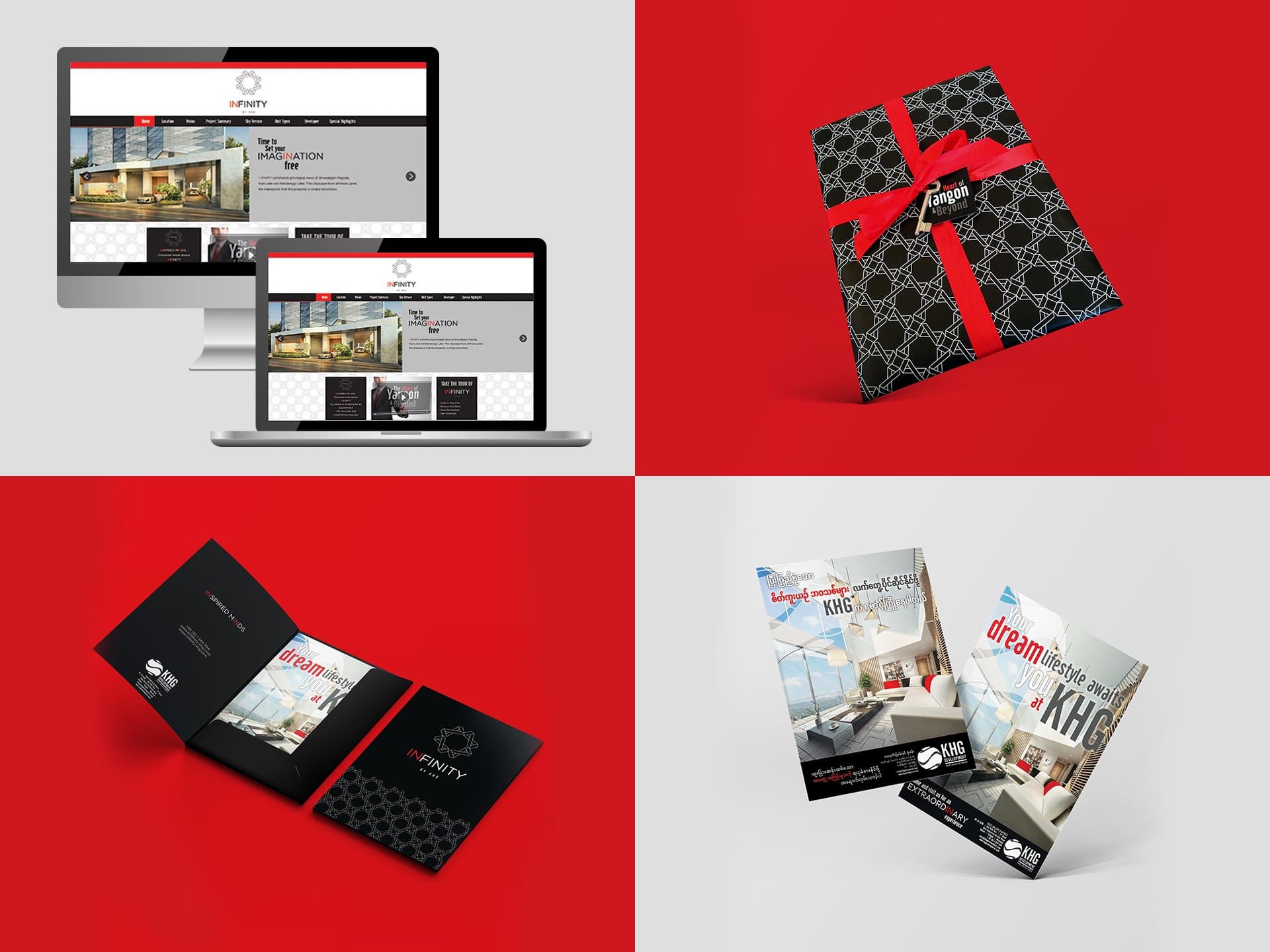 Infinity by KHG — launch collateral: gift box, press folder and flyers