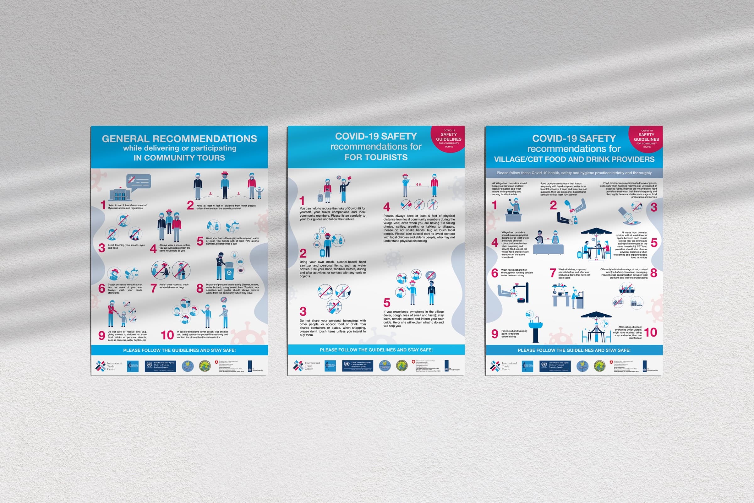 COVID-19 safety poster set for community-based tourism — tourists, guides and food providers