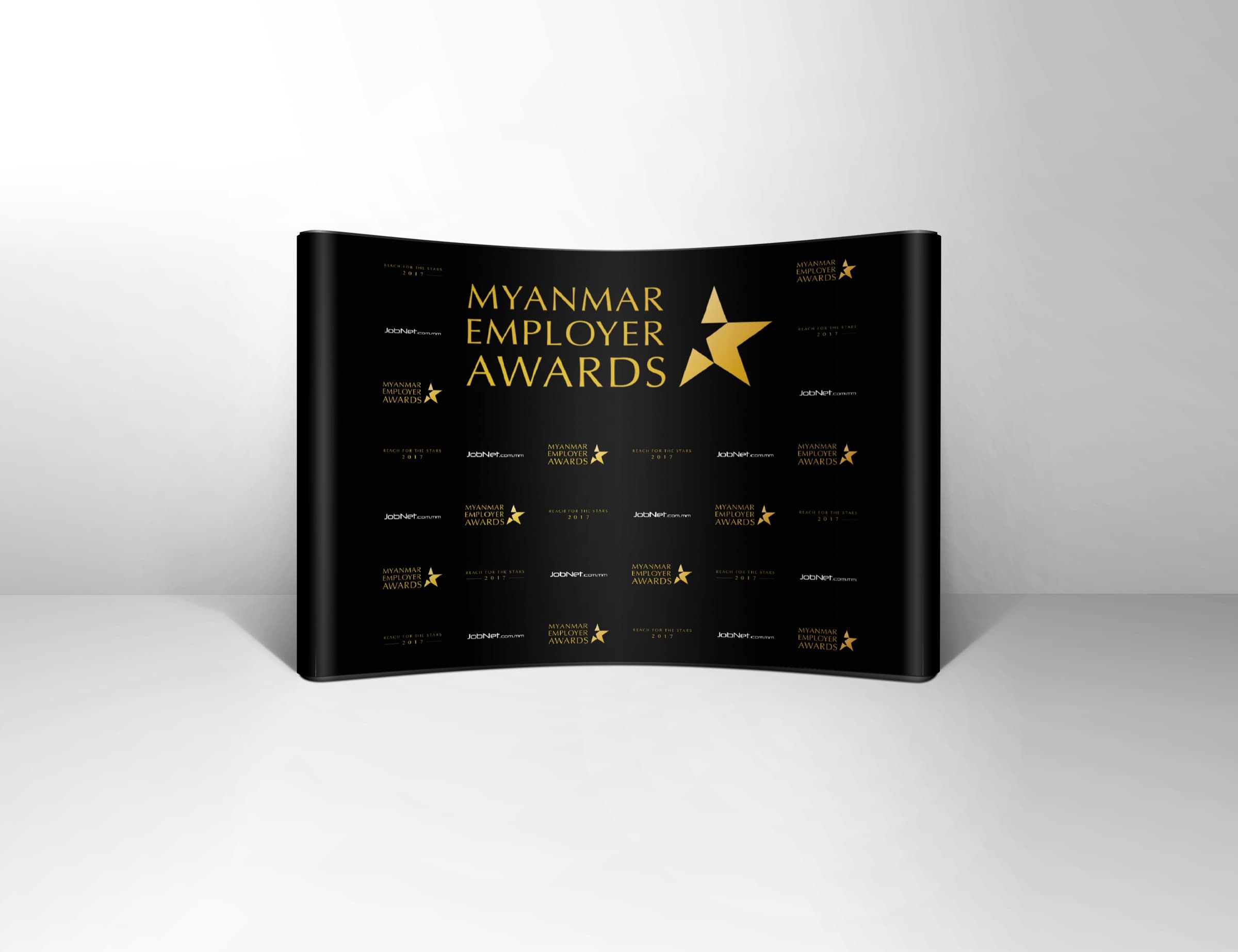 Myanmar Employer Awards — curved display booth, 3D mockup