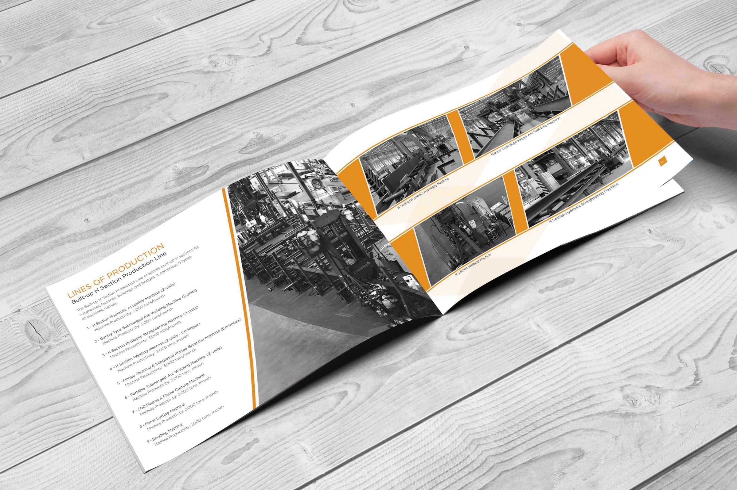 Production-line spread in duotone factory photography