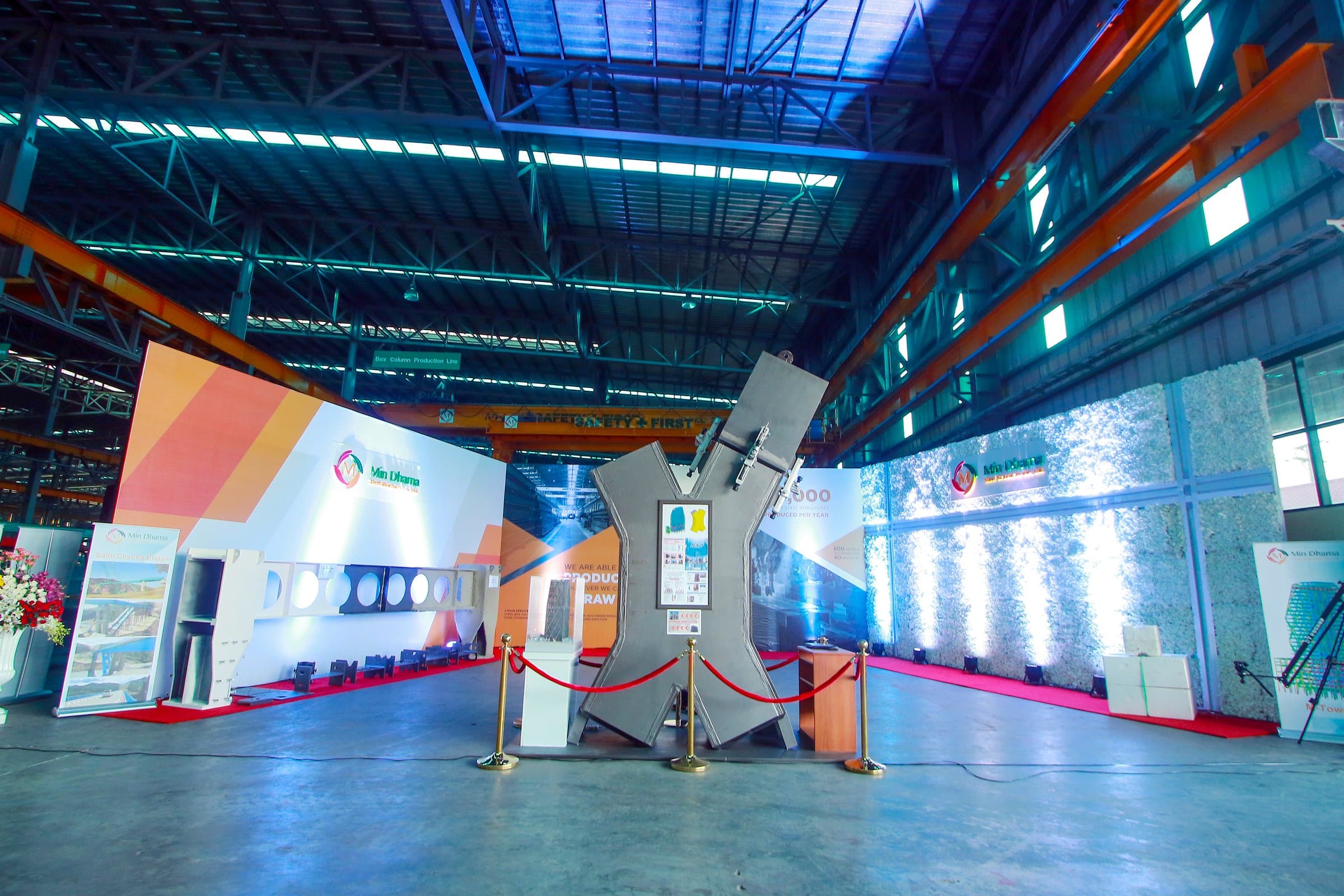 The opening-ceremony stage, built inside the factory hall