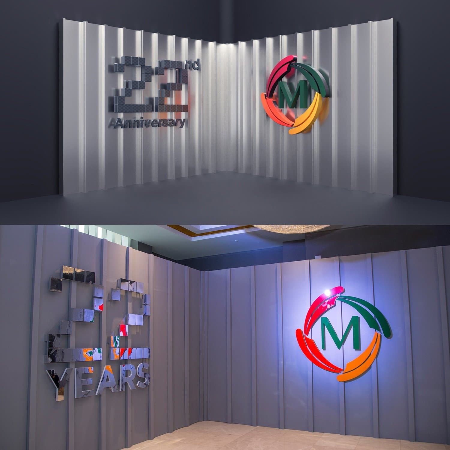 22nd-anniversary photo wall — design render and the built set