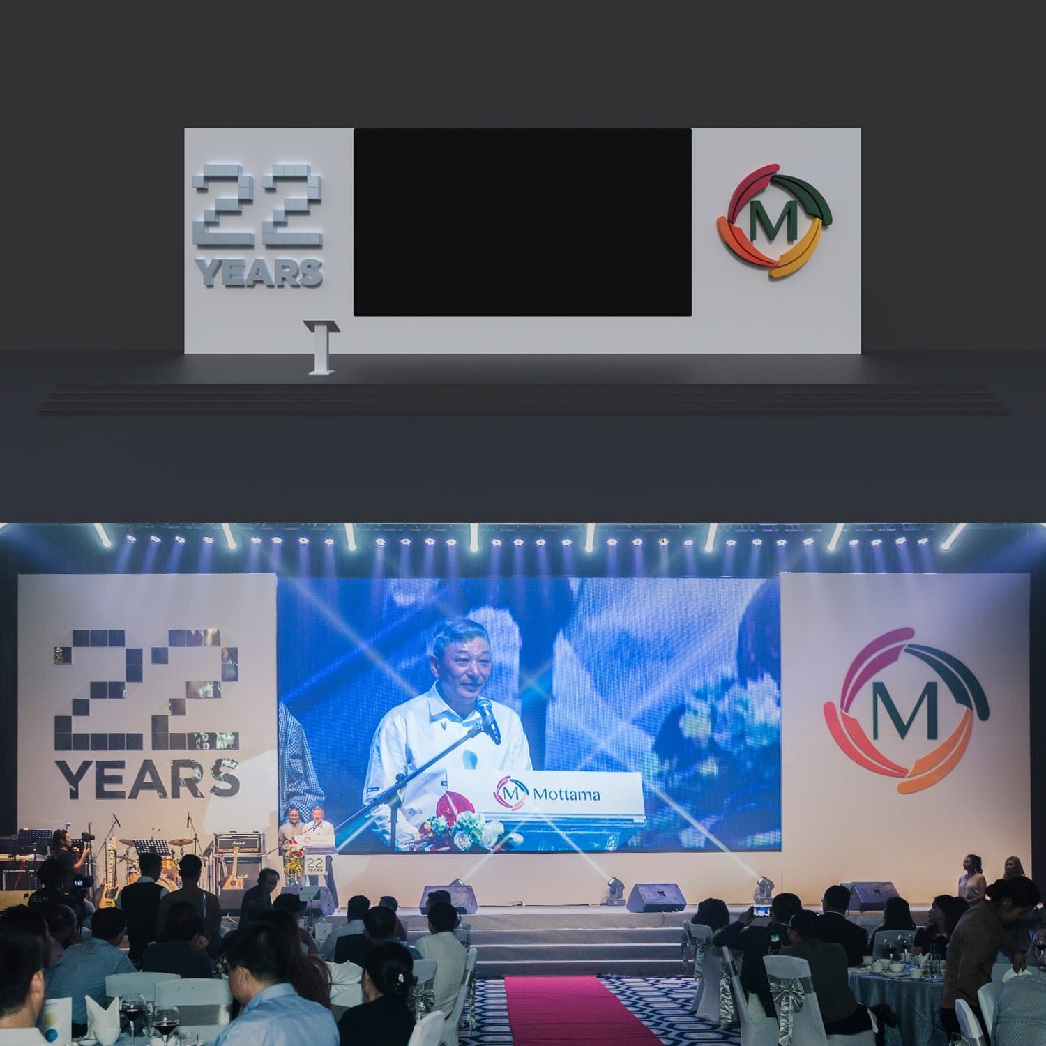 Anniversary stage — render and the celebration in progress