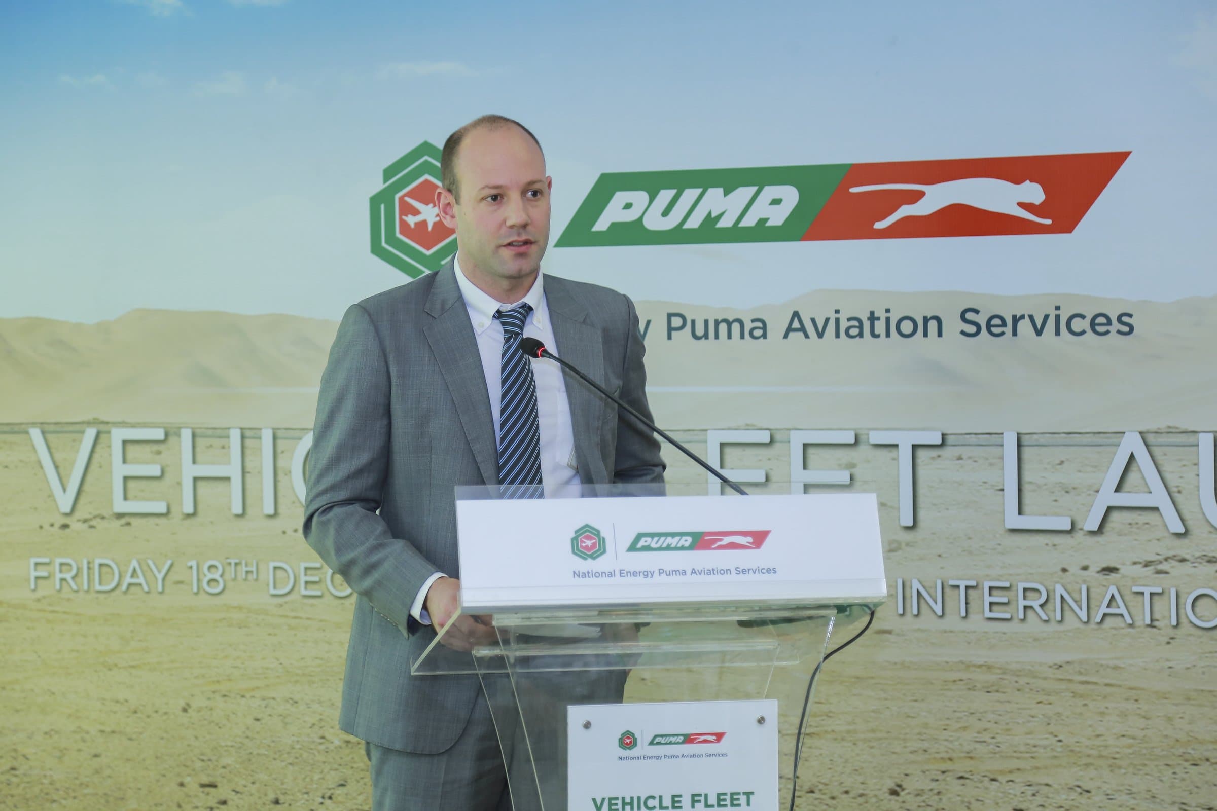 Speeches at the branded podium, airside