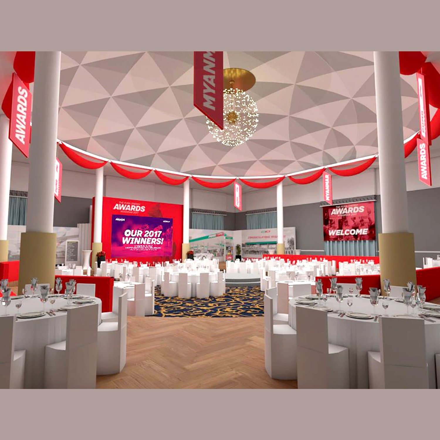 3D pre-visualisation of the domed ballroom, as designed before the build