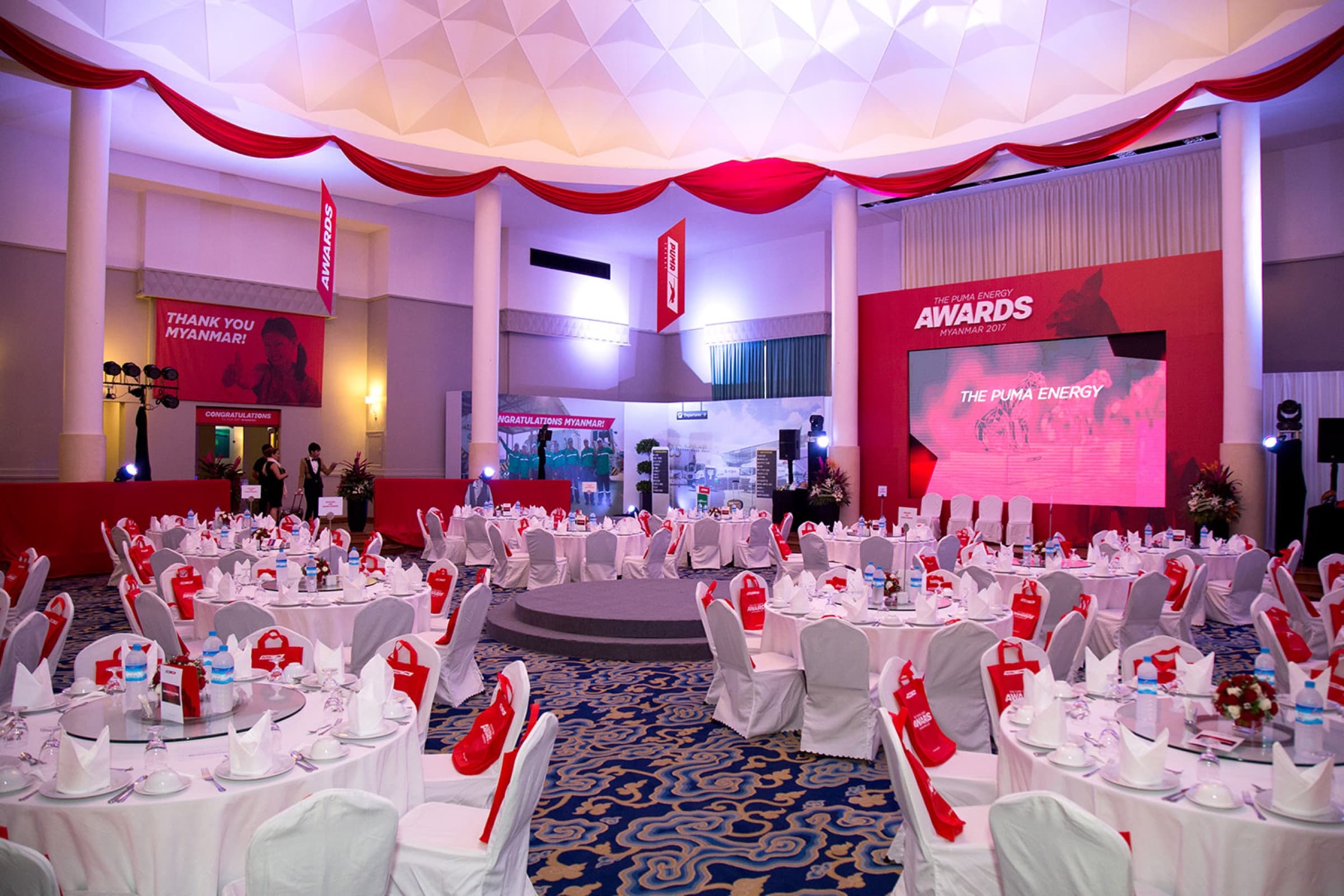 Main stage with LED screen and branded backdrop