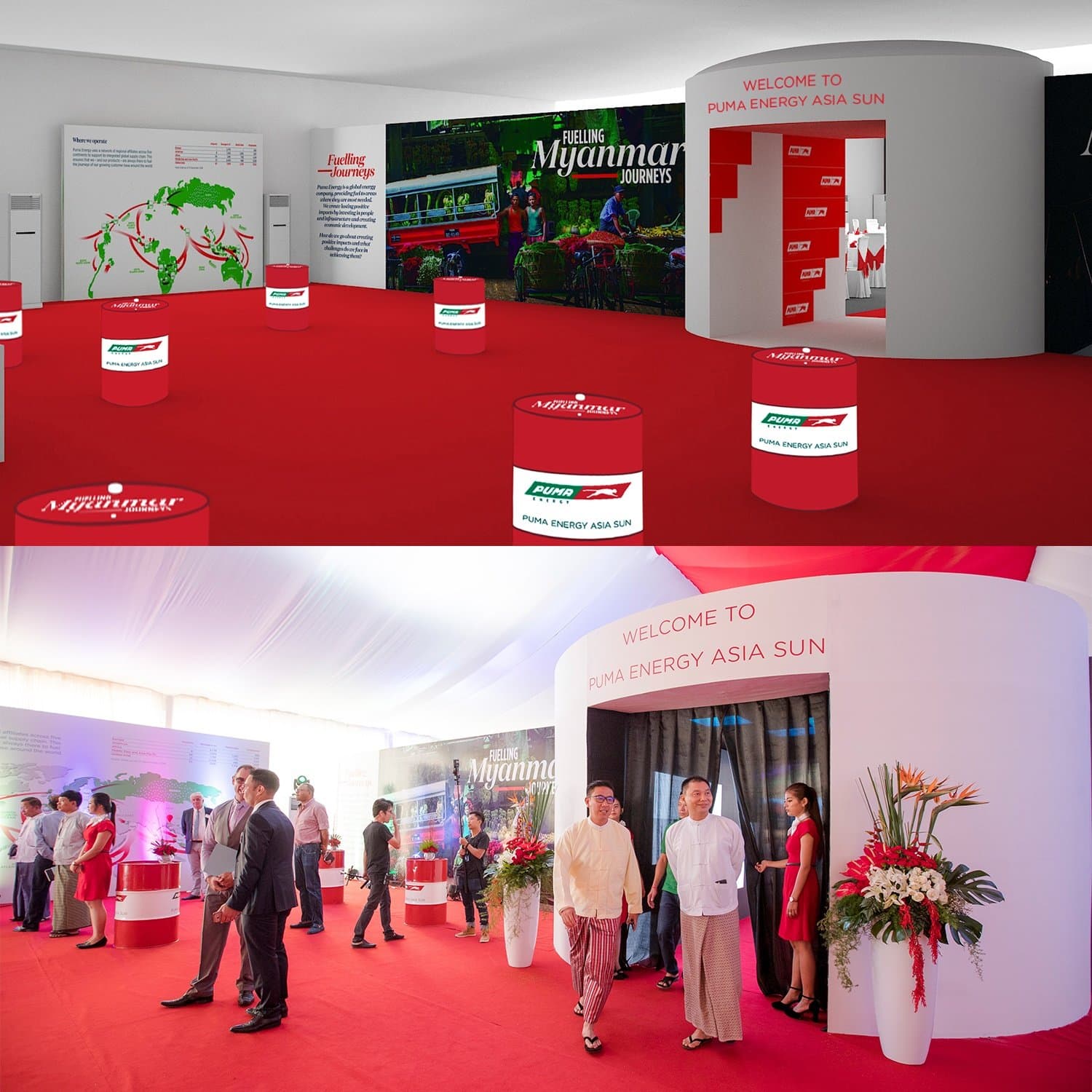 'Fuelling Myanmar Journeys' exhibition — design render and the welcome area on opening day