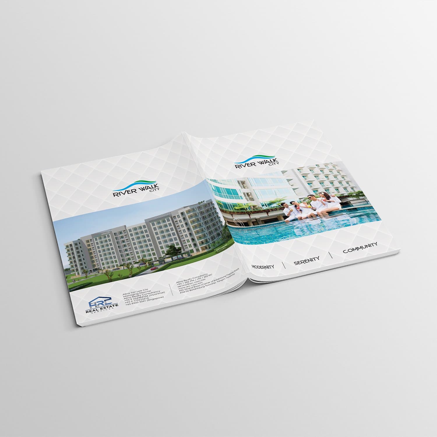 Sales brochure, cover and back with development render