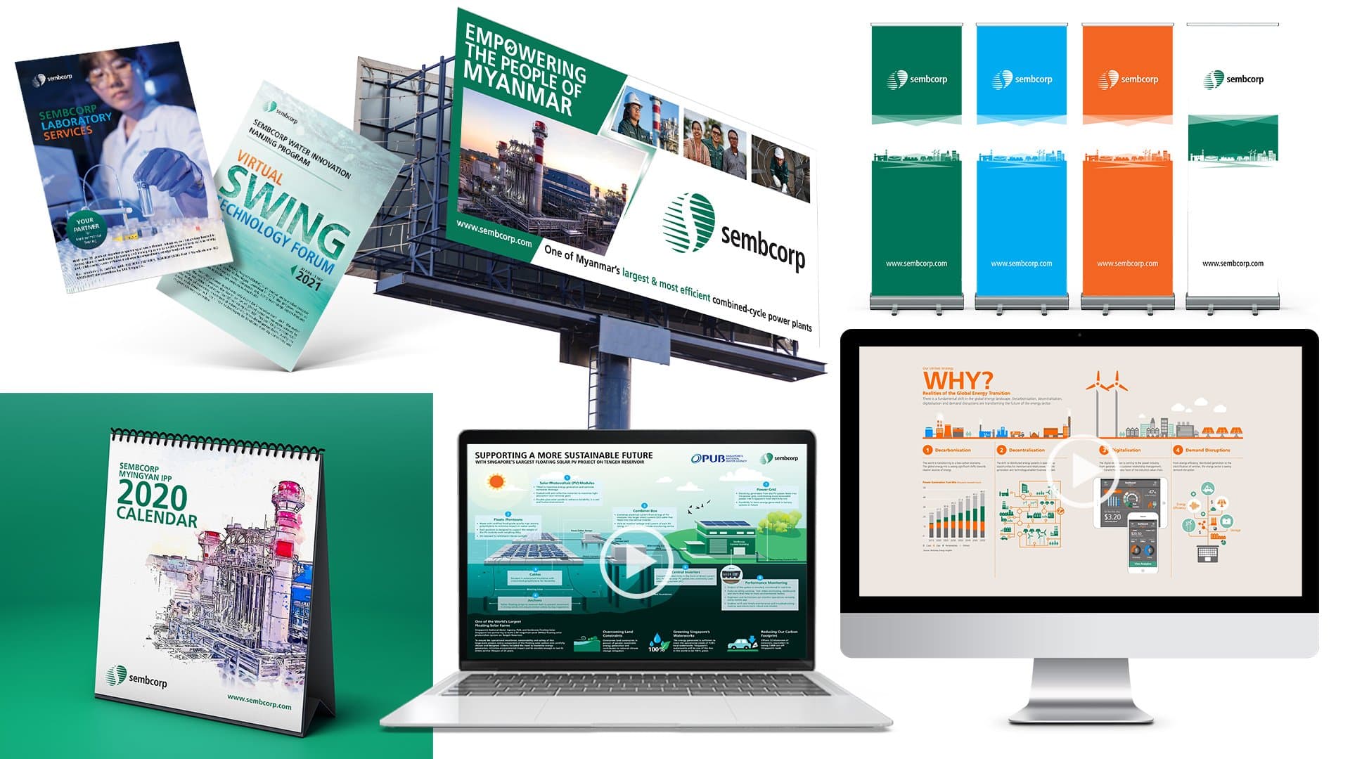 Campaign range — laboratory-services flyer, SWING forum invite, site billboard, roll-up banners, 2020 calendar and animated infographics