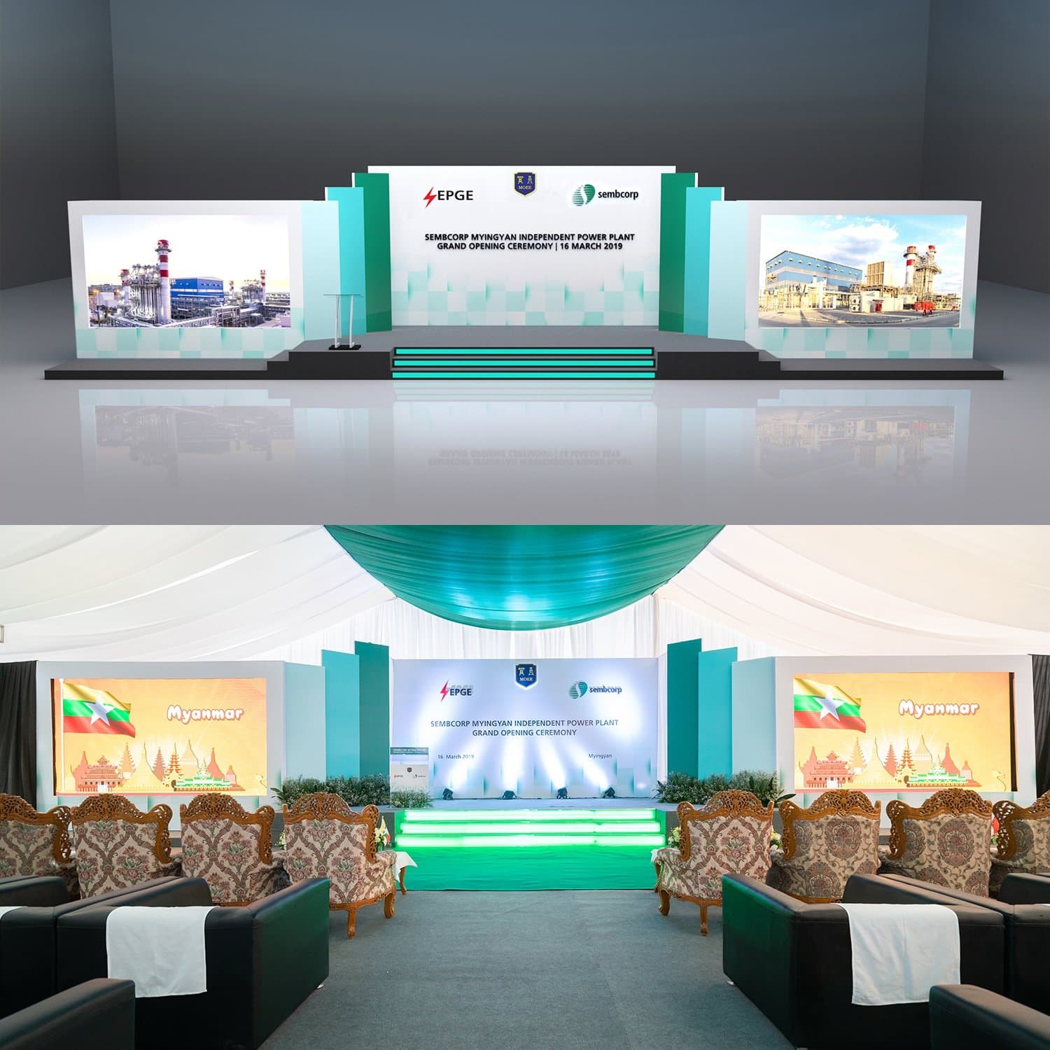 Ceremony stage — 3D pre-visualisation and the dressed hall on opening day