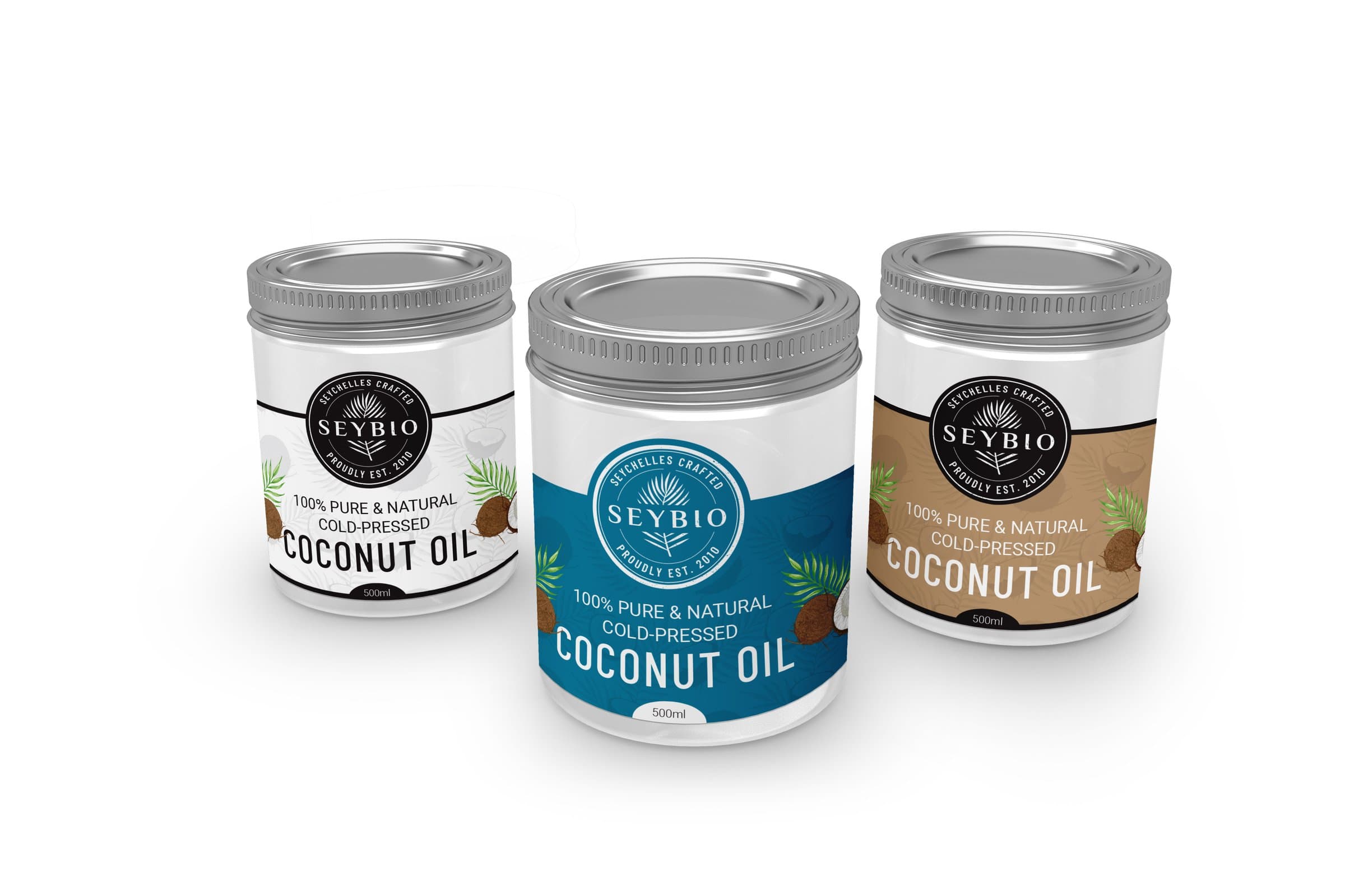 Cold-pressed coconut oil jars — label variants