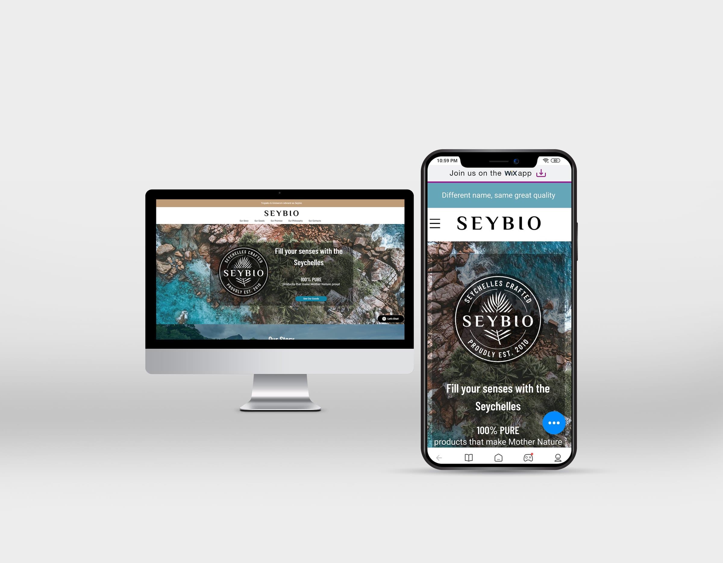 The Seybio website across desktop and mobile