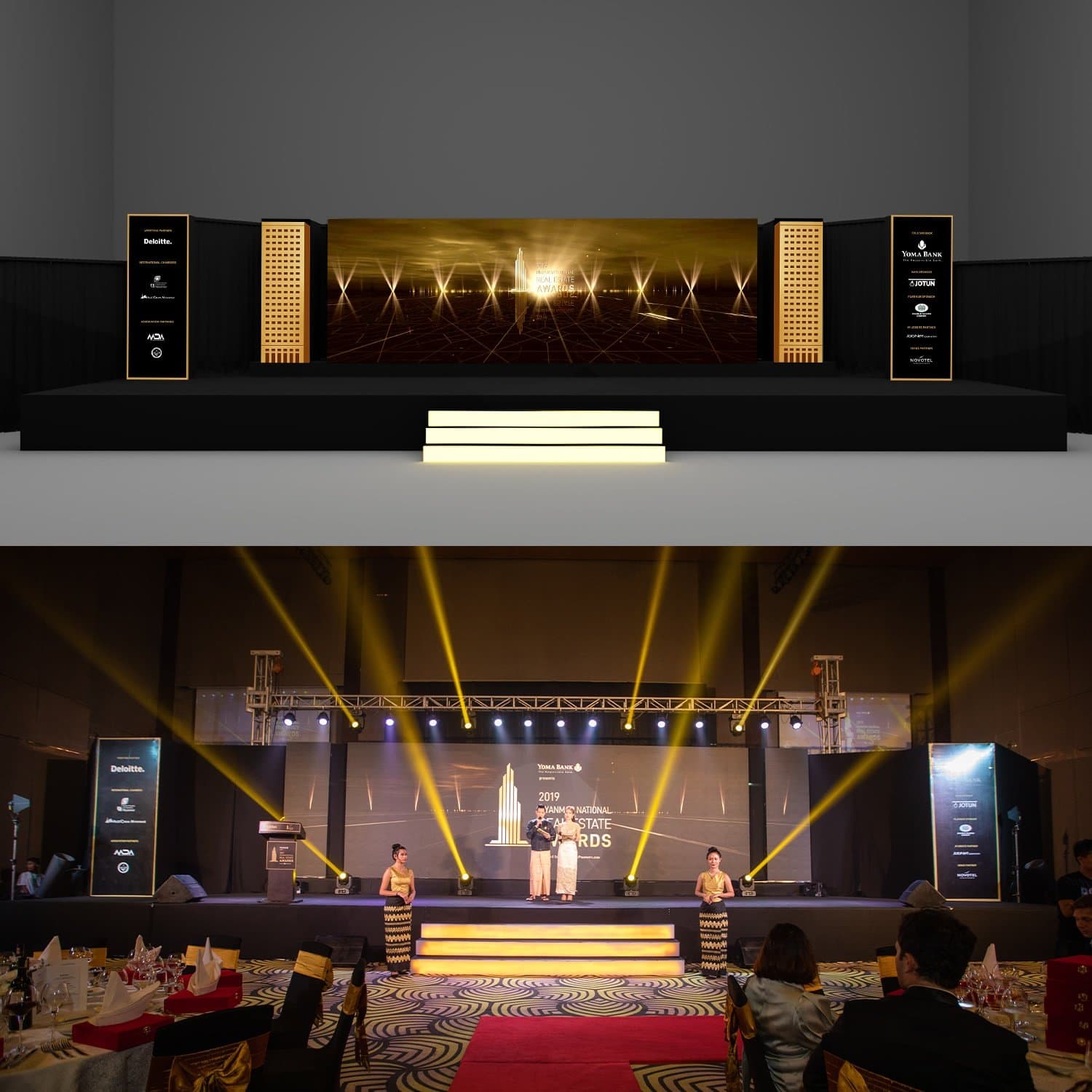 Awards stage — 3D pre-visualisation and the built set on the night