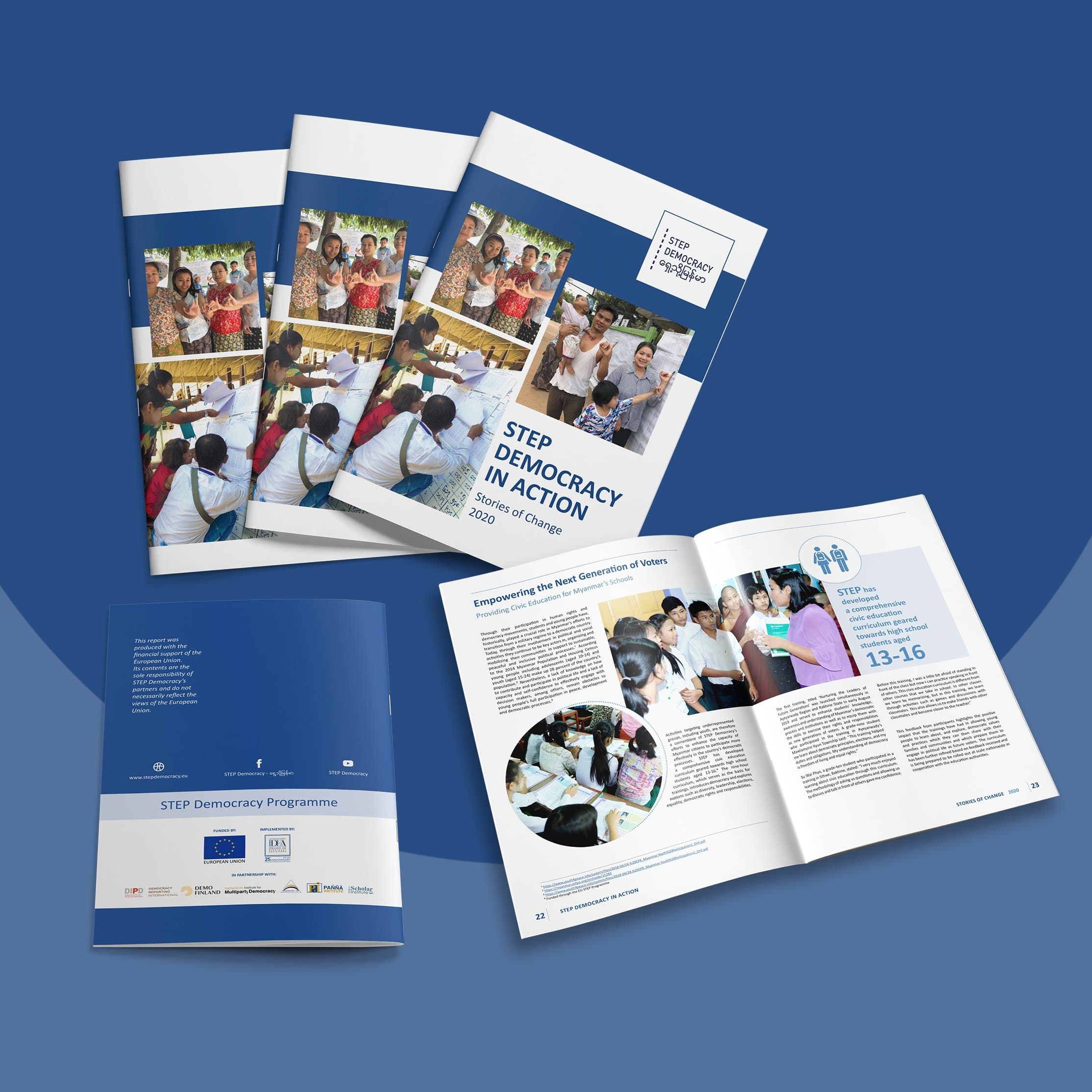 STEP Democracy in Action — Stories of Change 2020, covers and inner spread