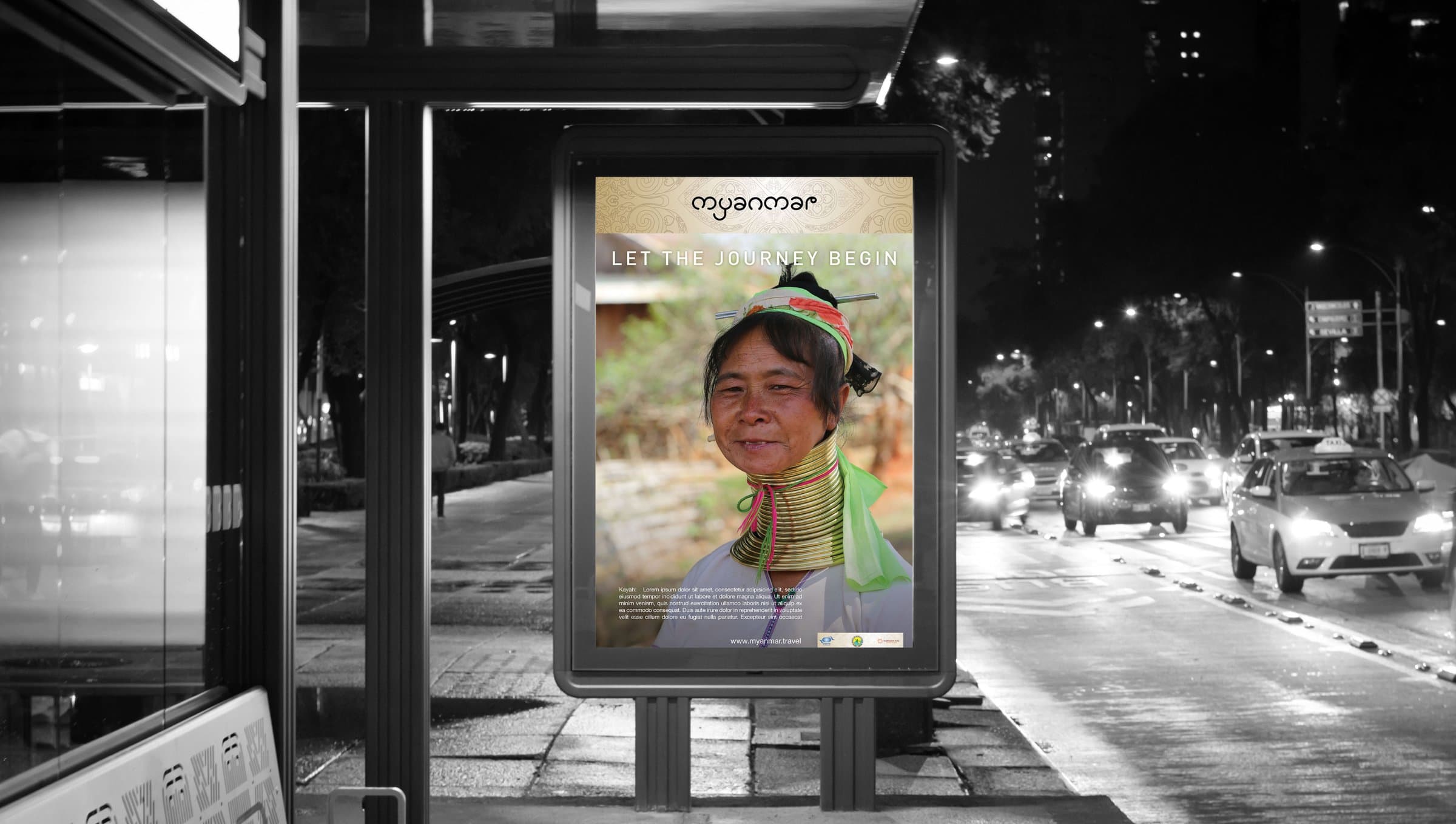 'Let the Journey Begin' out-of-home poster — Kayah portrait at a city bus shelter