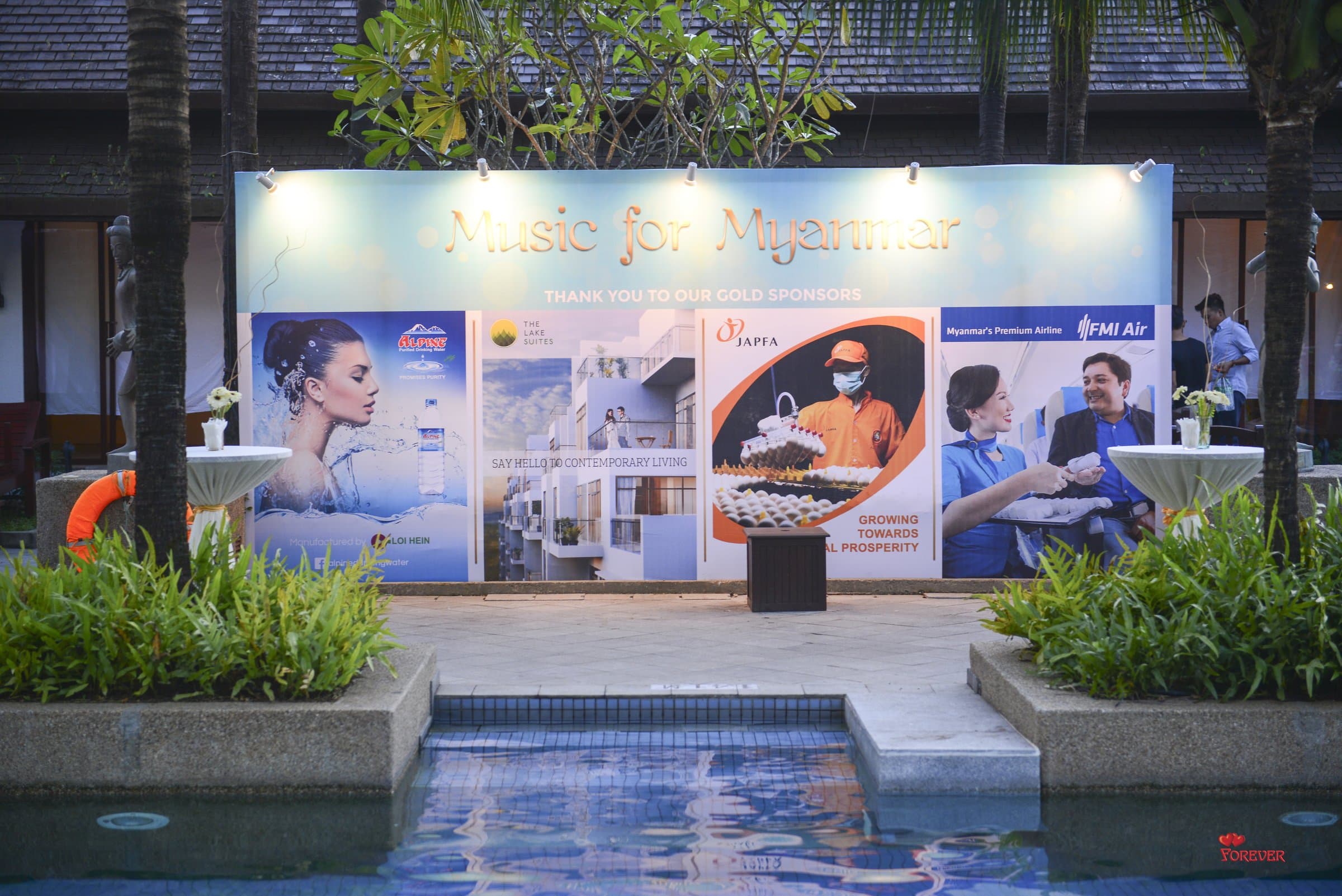 The poolside stage before guests arrive