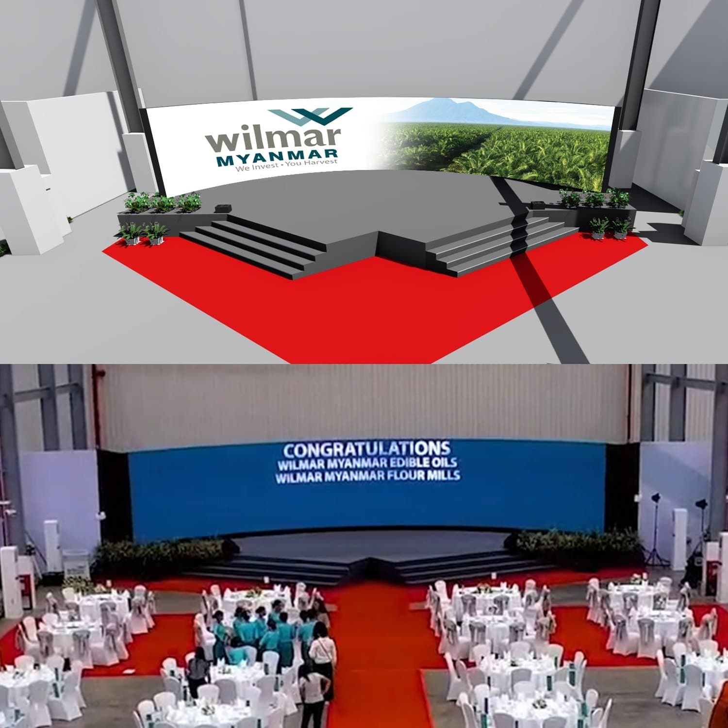 Ceremony stage — design render and the congratulations banquet for Wilmar Myanmar Edible Oils and Flour Mills