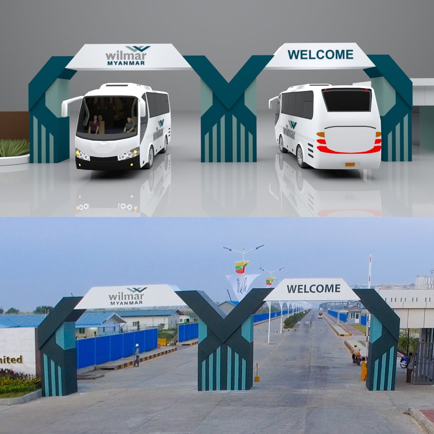 Site entrance arch — 3D design render and the built gateway